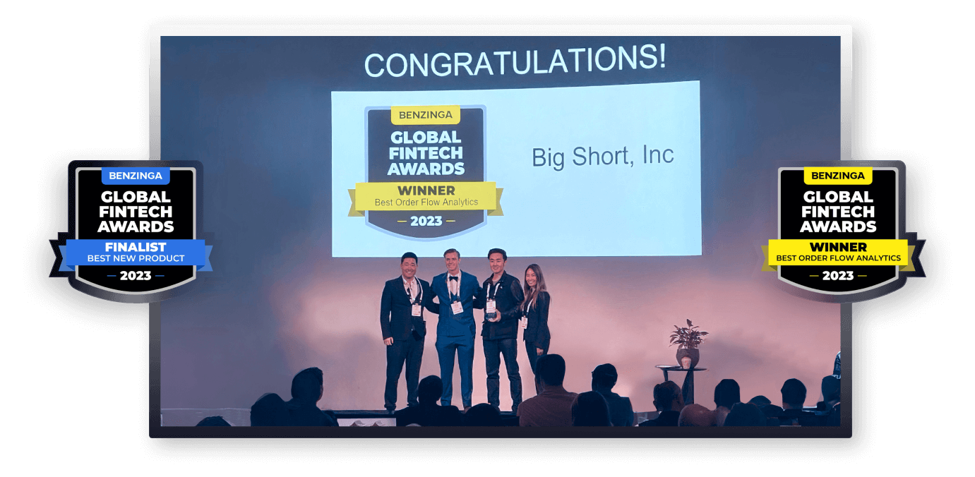 Picture of BigShort team Tae, Andrew, and Sara winning Best Order Flow Analytics at the 2023 Benzinga Fintech Awards