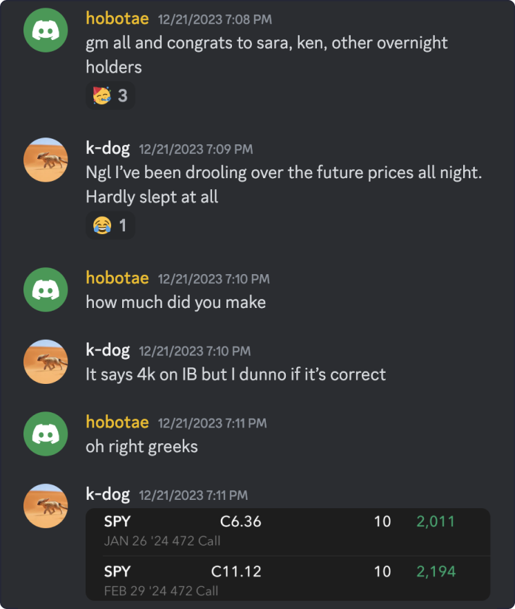 Testimonial stating in our live chat that they made 4k on overnight calls held due to BigShort signals.